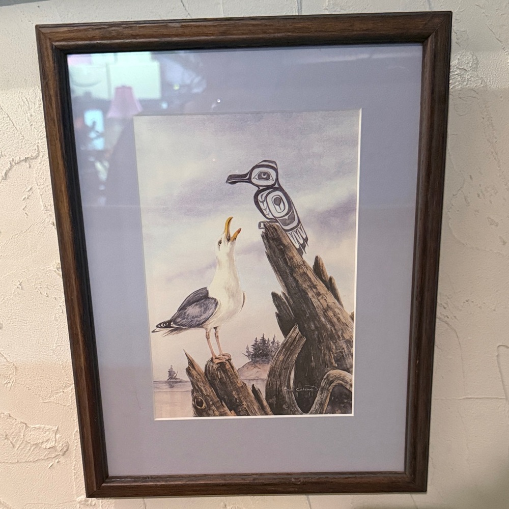 Framed Seagull & Totem Bird Print in Wooden Frame